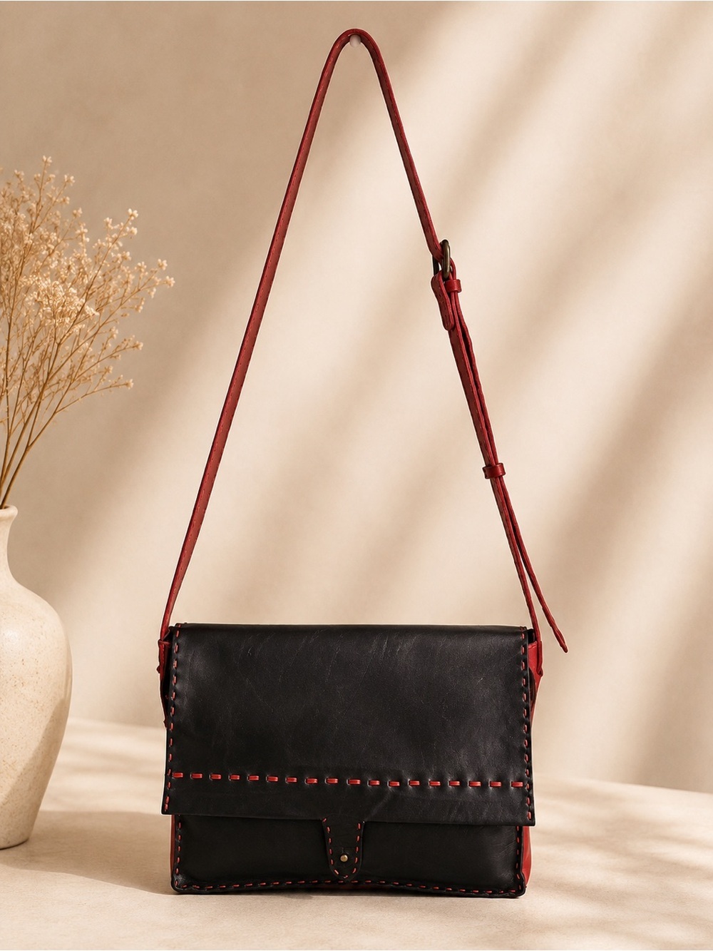 Johnny Farah Leather Crossbody Purse Black Red Stitch Artisan Bag